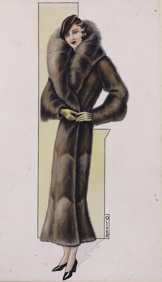 Oliver, ink and watercolour, Commercial artwork depicting a lady wearing a fur coat, signed, 33 x 22cm, unframed